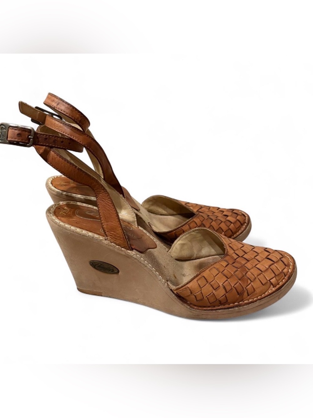 VTG Candie’s Wedge Ankle Strap Sandals Size 7.5 Brown Woven Leather Boho Y2K